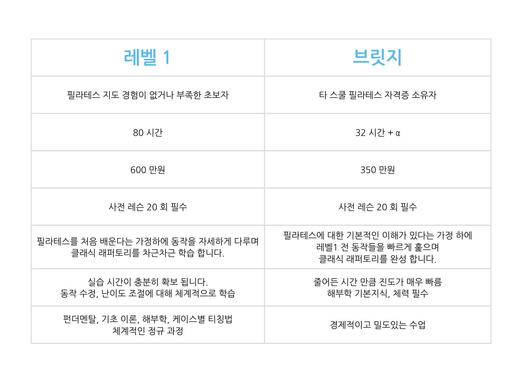 레벨1 컴프리헨시브와 브릿지 비교표